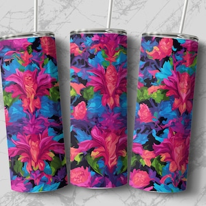 Neon Floral 20oz Sublimation Tumbler Designs, Straight Skinny Tumbler Wrap PNG, Sublimation Design PNG
