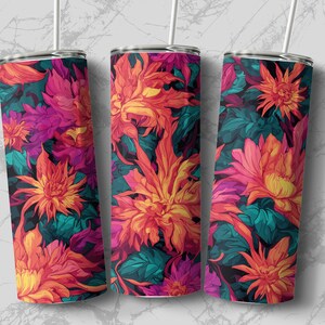 Neon Floral 20oz Sublimation Tumbler Designs, Straight Skinny Tumbler Wrap PNG, Sublimation Design PNG