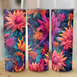 Neon Floral 20oz Sublimation Tumbler Designs, Straight Skinny Tumbler Wrap PNG, Sublimation Design PNG