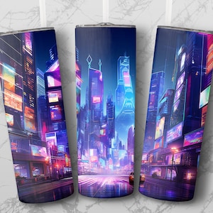 Neon futuristic City oz Sublimation Tumbler Designs, Neon Straight Skinny Tumbler Wrap PNG, Sublimation Design PNG