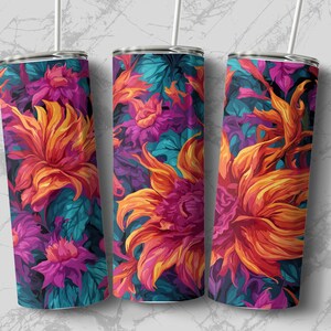 Neon Floral 20oz Sublimation Tumbler Designs, Straight Skinny Tumbler Wrap PNG, Sublimation Design PNG