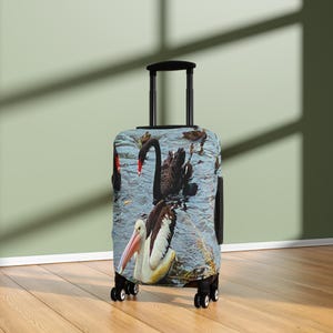 Pelikan und schwarzer Schwan Gepäckabdeckung, australischer Wildlederkofferschutz, Vogelliebhaber-Reisegeschenk Bild 6