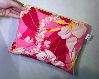 Pink Floral Quilted Medium Zipper Pouch