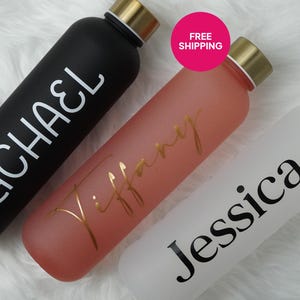 Personalized Frosted Water Bottle: 32oz Reusable Plastic with Gold Cap