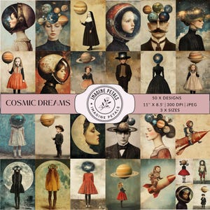 Kit de diario basura con retratos de personas del espacio y 50 sueños cósmicos, kit de álbum de recortes digital con estrellas y luna, papel imprimible, efímera vintage victoriana