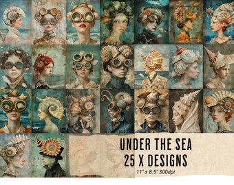 25 Under snäckorna Surrealistiska och nyckfulla marina mönster Jpeg, Junk Journal CU, Kommersiellt bruk, digital scrapbooking, skräpjournaling