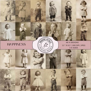 48 Little People Big Smiles kinderportretten, kinderfoto's, grappige vintage fotocollage voor ongewenste tijdschriften, oude sepiafoto's, plakboek