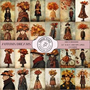 May include: A collage of 16 images featuring children and adults wearing hats made of autumn leaves. The images are arranged in a grid pattern and have a vintage aesthetic. The text "AUTUMN DREAMS" and "IMAGINE PETALS" is visible in the image.