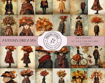 100 Autumn Junk Journal kit, Fall People portrait Digital scrapbooking Printable Paper, whimsical leaves mushrooms clipart Collage Sheets