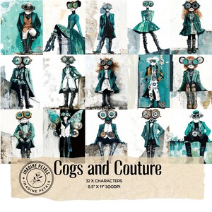Könnte beinhalten: Eine Collage von 15 Steampunk-Charakteren in verschiedenen Posen, alle mit Brillen und aufwendigen Outfits in Türkis, Schwarz und Weiß. Der Text "Cogs and Couture" ist unten abgebildet, zusammen mit dem Imagine Petals-Logo.
