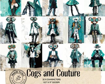 Grillige Steampunk Couture digitale kunstcollage ongewenste dagboekpagina's, commercieel gebruik PNG, scrapbooking kaarten maken, vintage portretten, kortstondige vintage portretten
