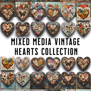 Vintage mixed media Hearts junk journal kit - 24 Valentines Love Digital Art Afdrukbaar papier, digitaal Scrapbooking DOWNLOAD Commercieel gebruik