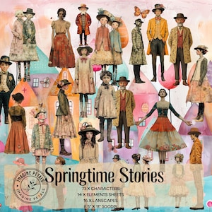 Springtime Stories: rustic vintage characters, whimsy landscapes Junk Journal Kit, Digital Printable Paper village peoplel Digital Collage