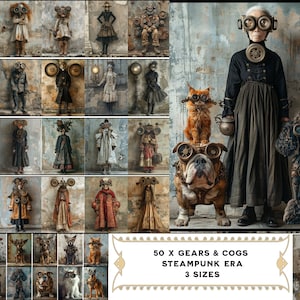 64 versnellingen en radertjes Steampunk-tijdperk personages van mensen en dieren, ongewenste dagboekpagina's, CU, afdrukbare vellen commercieel gebruik, jpeg, scrapbooking