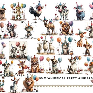 30 wunderliche Partytiere PNG-Bundle, lustige Geburtstagstiere Clipart für das Handwerk Kartenherstellung, Sublimation, CU, kommerzielle Nutzung, Scrapbooking