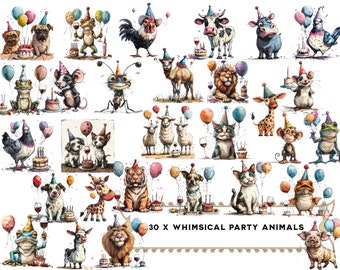 30 Whimsical Party Animals PNG bundle, Funny Birthday animals clipart for Crafts card making, Sublimation, CU, Commercial Use, Scrapbooking