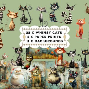 22 x Personagens de gatos caprichosos, imagens de gatos caprichosos Gráficos, clipart de gatos, uso comercial, diário de lixo PNG Folhas para impressão Scrapbooking