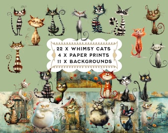 22 x Whimsy Cats Characters, fantazyjne obrazy kotów Grafika, koty Clipart, Użytek komercyjny, dziennik śmieci PNG Wydrukowane arkusze Scrapbooking