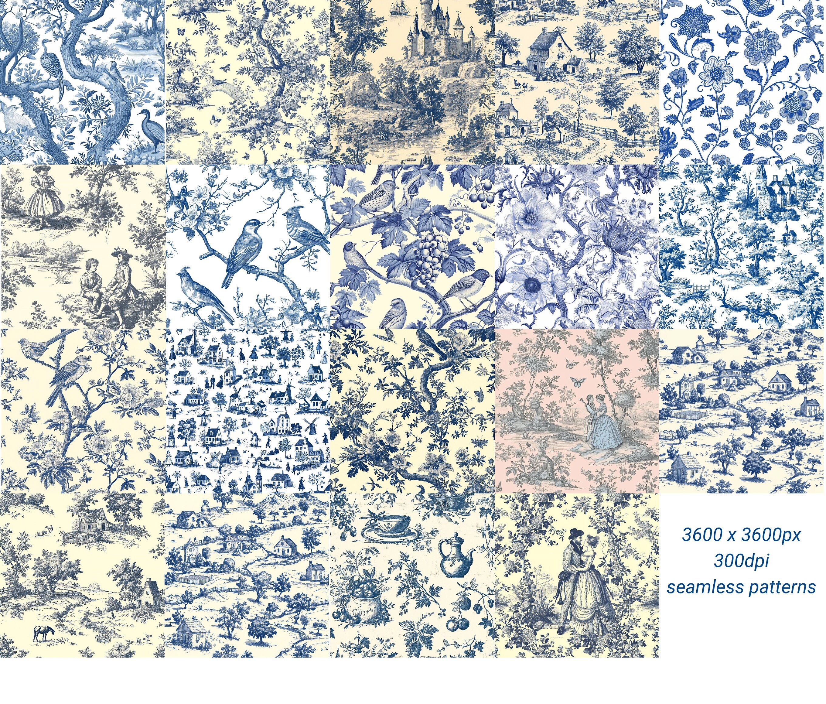 19 Vintage French Blue Toile De Jouy Seamless Patterns Jpeg, Junk ...