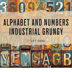 グランジな工業用アルファベット文字と数字、デジタルコラージュタイポグラフィ印刷可能なジャンクジャーナルページ、CU、商用利用、PNG、スクラップブッキング