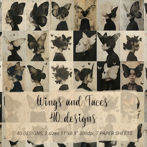 40 portraits d'ailes de papillons sombres, sombres pages de journal indésirable universitaire, CU, usage commercial, Jpeg, scrapbooking numérique, journalisation indésirable