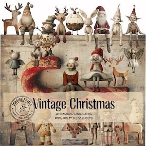 Vintage Weihnachten Junk Journal Kit, Weihnachten Charaktere Digitales Scrapbooking bedruckbares Papier, wunderliche Winter Cliparts, Collage Sheet Hintergründe