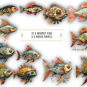 12 PNG x Whimsy fish Mixed Media whimsy fishes 3 utskrivbara ark, CU, digital nedladdning, skräpjournaler kommersiellt bruk, scrapbookingpapper