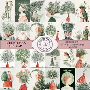 Kit de 113 cartes de voeux de Noël pour le journal indésirable, papier imprimable de scrapbooking numérique aquarelle de Noël, feuilles de collage clipart hiver fantaisiste
