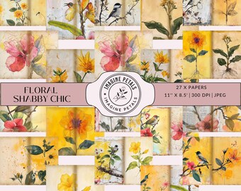 May include: A digital collage sheet with 27 floral designs in yellow, pink, and white. The designs feature flowers, birds, and leaves on a vintage book page background. The text "Imagine Petals" is in a circle at the top of the sheet. The text "Floral Shabby Chic" is in a rectangle at the bottom of the sheet. The text "27 x Papers" is in a rectangle at the top right of the sheet. The text "11" x 8.5" | 300 DPI | JPEG" is in a rectangle below the "27 x Papers" text.