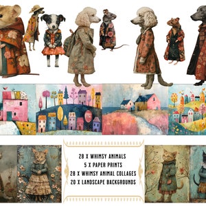 May include: A set of 28 whimsical animal illustrations, 5 paper prints, 28 animal collages, and 20 landscape backgrounds. The illustrations feature animals wearing clothing and standing in front of a white background. The collages and backgrounds feature colorful houses and trees.