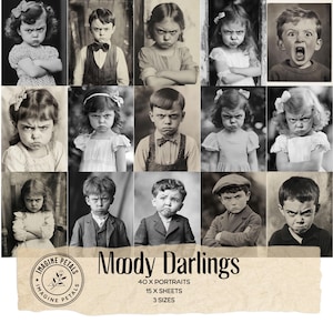 40 photos d'enfants vintage grincheux Moody Darlings, collection de collages de photos d'enfants drôles pour des journaux indésirables, vieilles photographies de portrait, sépia