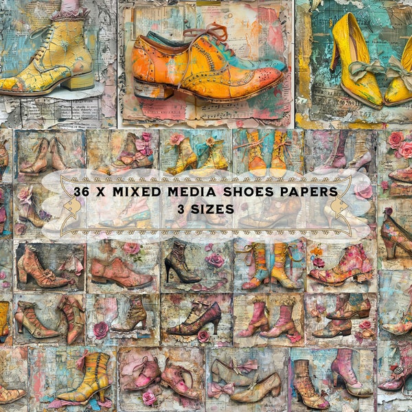 36 Mixed Media Vintage shoes, victorian shoes, Junk Journal Pages, whimsy old shoes, CU, Printable Sheets Commercial Use, Jpeg, Scrapbooking