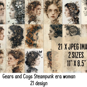 21 Gears and Cogs Steampunk era woman, Junk Journal Pages, CU, Printable Sheets Commercial Use, Jpeg, digital Scrapbooking, card making