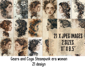 21 Gears and Cogs Steampunk-tijdperk vrouw, ongewenste dagboekpagina's, CU, afdrukbare vellen commercieel gebruik, jpeg, digitaal scrapbooking, kaarten maken