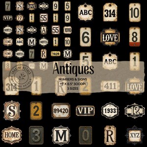 Vintage Numbers and Signs Ephemera – Antique Printable Tags Labels – Junk Journal Clipart – Scrapbooking Printables – Retro Typography PNG