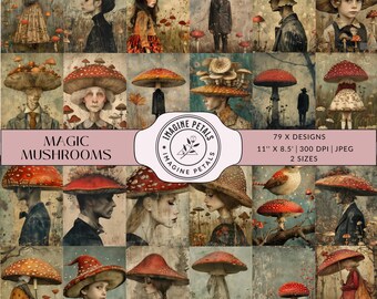 Magic Mushrooms people: 79 fungi Junk Journal, Digital scrapbooking Printable Paper, whimsical mushrooms clipart Digital Collage Sheets, CU
