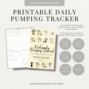 May include: Printable daily pumping tracker journal with a black and white daily milk log page and a cover featuring a colourful illustration of different breast pumps. The cover text reads "The Exclusively Pumping Journal: A 3 Month Journal for Breastfeeding Moms. Empower Your Breastfeeding Journey One Pump at a Time."