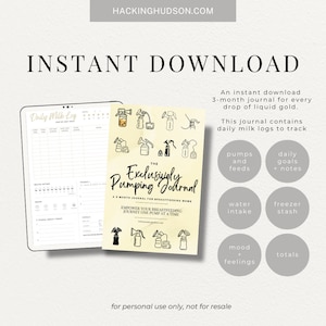 May include: A printable 3-month journal for breastfeeding mothers called "The Exclusively Pumping Journal". The journal includes daily milk logs to track pumps and feeds, daily goals and notes, water intake, freezer stash, mood and feelings, and totals. The cover features a variety of breast pump illustrations.