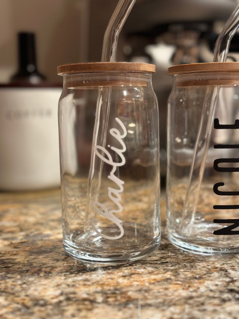 16oz Glass Can Cup, Personalized Iced Coffee Cup With Bamboo Lid and
