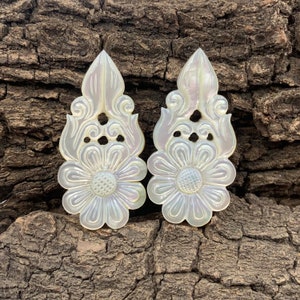 Carved Mother of Pearl Gemstone Pair: Fancy Floral Jewelry Making