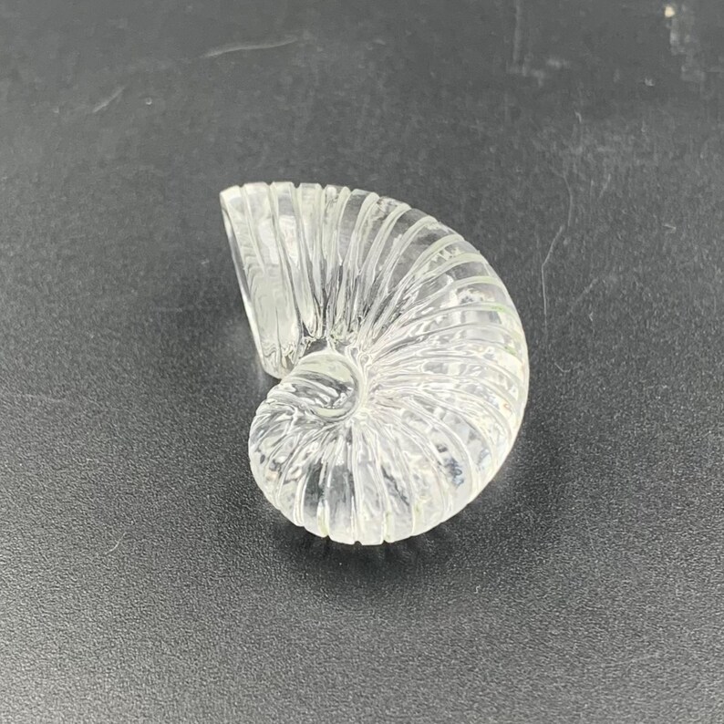 Puede incluir: Escultura de concha de nautilus de vidrio transparente. La concha presenta una textura acanalada detallada, mostrando un dise&ntilde;o en espiral. La escultura est&aacute; sobre una superficie oscura, resaltando su forma transparente.