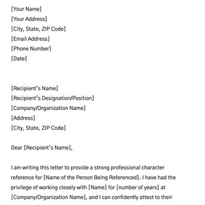 Plantilla de carta de referencia de carácter profesional simple, carta de referencia, Google Docs/Microsoft Word, plantilla de carta de carácter, formularios de recursos humanos