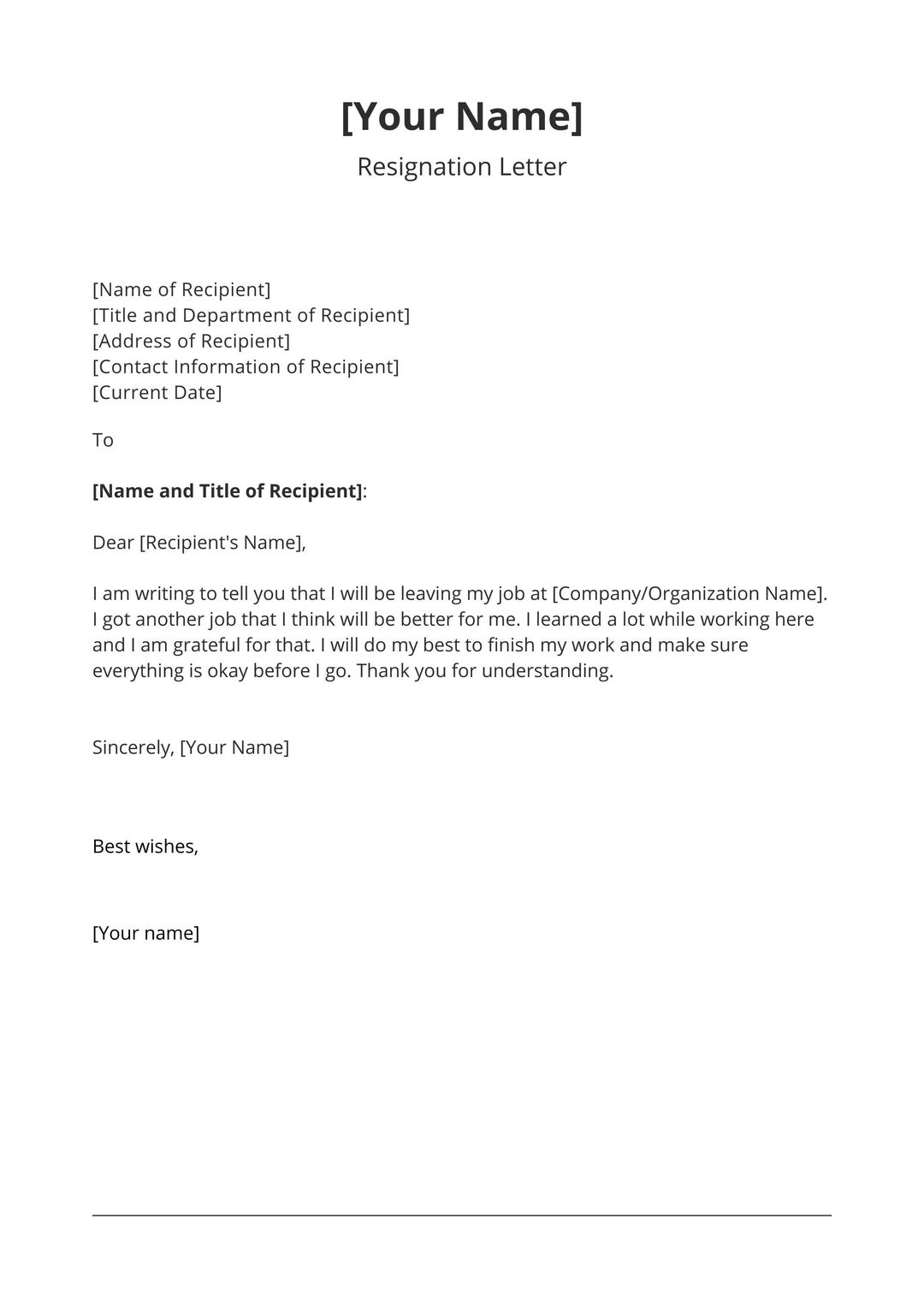 Simple resignation letter template etsy