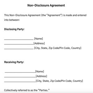 May include: A blank non-disclosure agreement form with the title "Non-Disclosure Agreement". The form includes sections for the disclosing party and the receiving party, with fields for name, address, and city, state, zip code/pin code, and country.