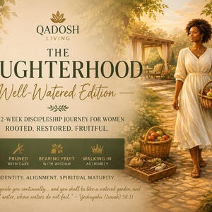 May include: A promotional graphic for The Daughterhood Well-Watered Edition by Qadosh Living. It features a person in a white dress walking through a garden carrying a basket of fruit, with text detailing a 12-week discipleship journey and scripture.