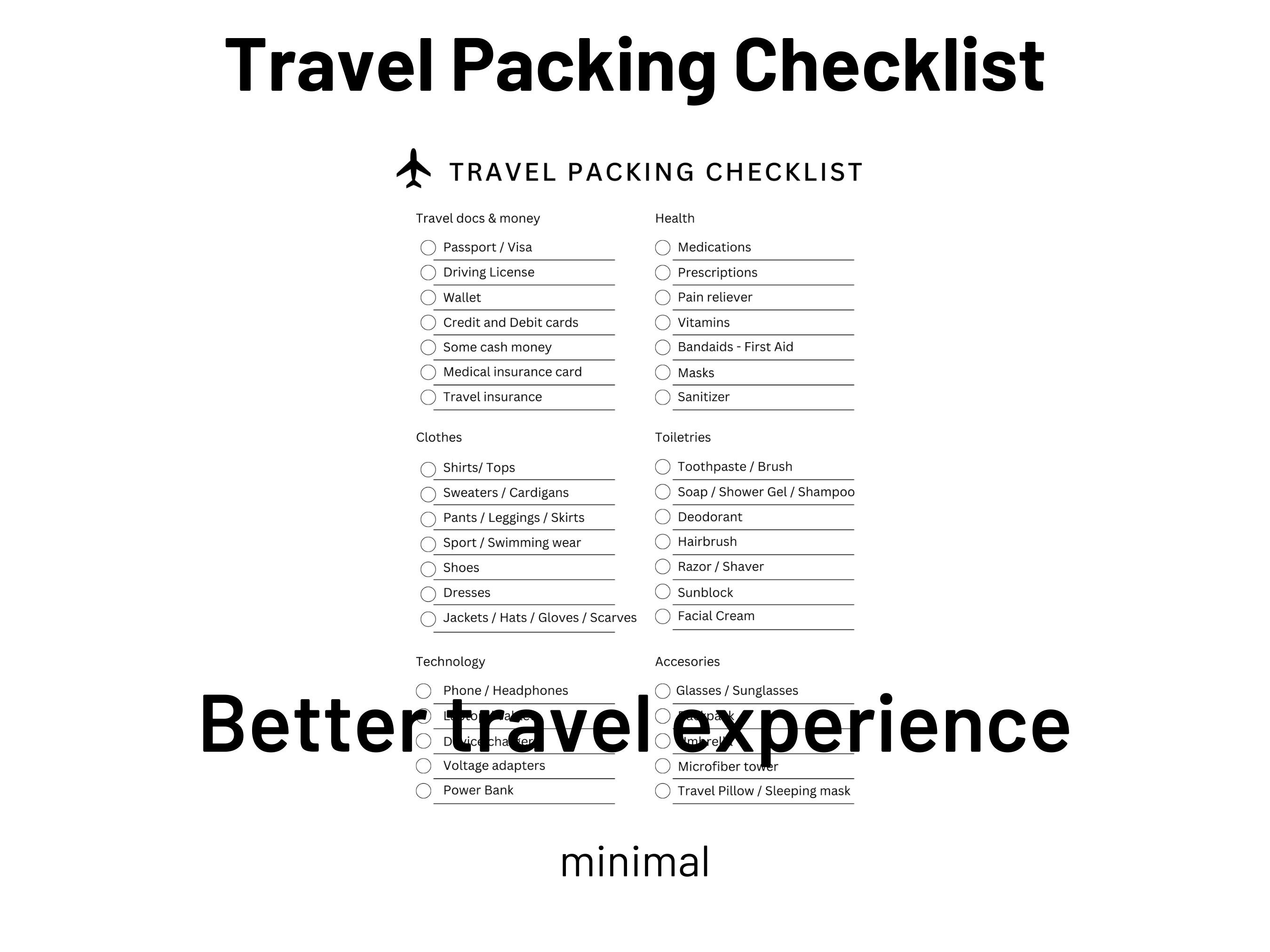 Travel Packing Checklist Pre Fill Minimal Travel Packing List Packing
