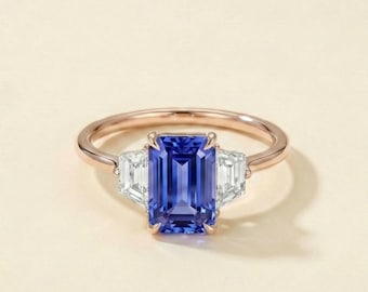 AAAA Emerald Cut Tanzanite Ring with Diamond in 14K Solid Yellow Gold – December Birthstone Engagement & Anniversary Jewelry for Her