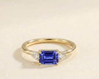 AAAA Emerald Cut Tanzanite Ring with Diamond in 14K Solid Yellow Gold – December Birthstone Engagement & Anniversary Jewelry for Her