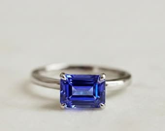 AAAA Emerald Cut Tanzanite Ring, East West Setting Ring in 14K Solid Yellow Gold, December Birthstone Engagement Anniversary Jewelry for Her