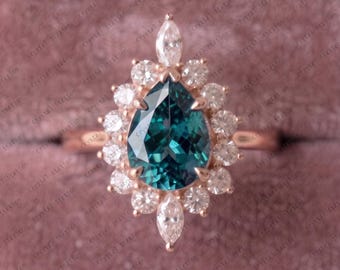 Teal Sapphire Engagement Ring, Pear Cut Blue Green Sapphire 14k Solid Gold Ring Sapphire Half Eternity Ring September Birthstone Ring